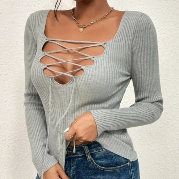 . Tops - gray Lace Up Detailed Casual Long Sleeve Ribbed Shirt